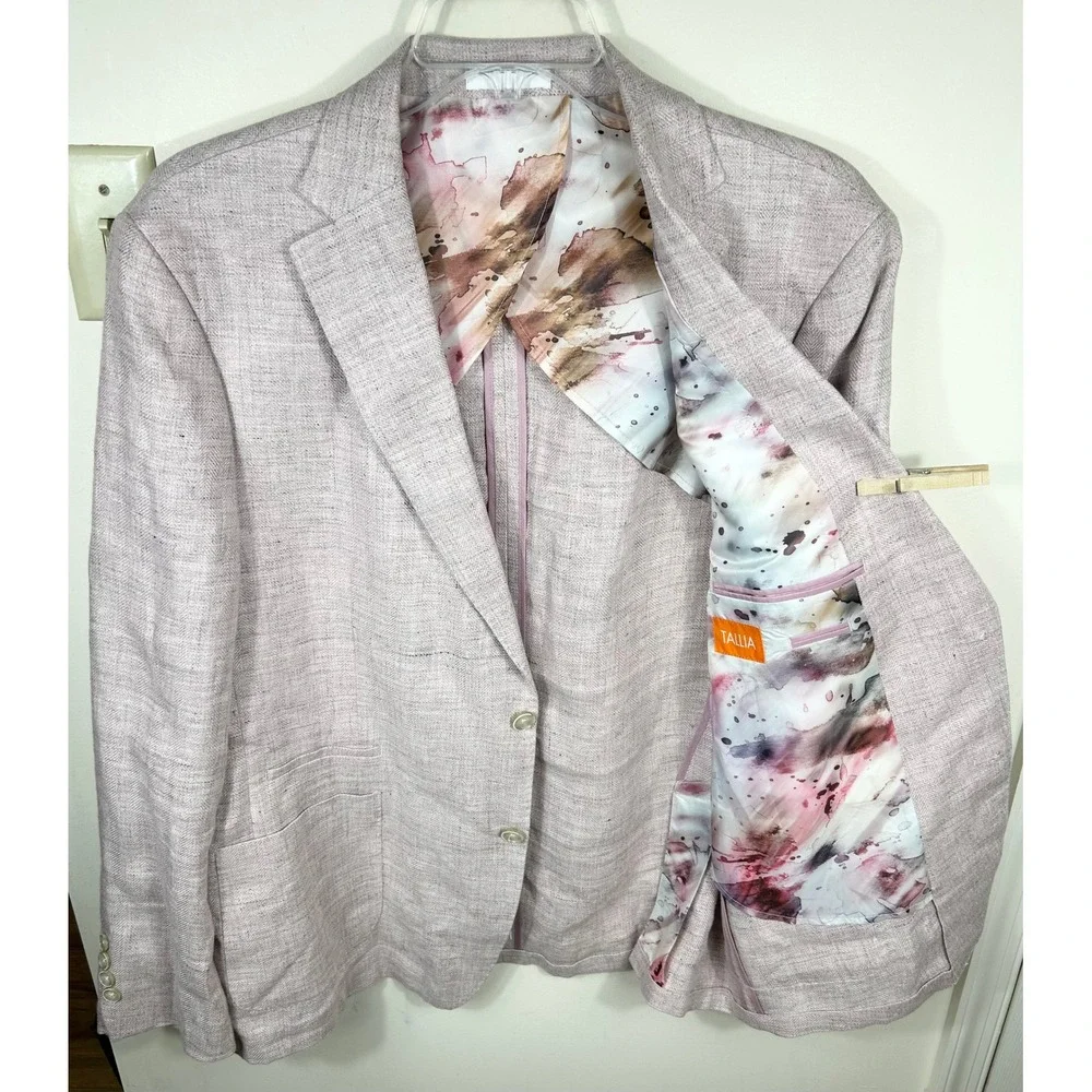 Tallia Sport Coat Men 46R Pink Linen Blazer Watercolor Lining Dapper Preppy Luxe
